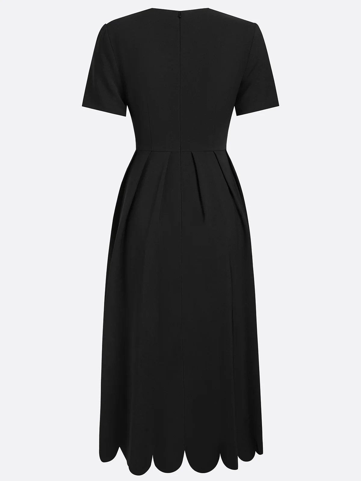 Elegant Black Midi Dress for Women with Scalloped Sweetheart Neck Short Sleeve Fit and Flare Cocktail Style