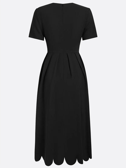 Elegant Black Midi Dress for Women with Scalloped Sweetheart Neck Short Sleeve Fit and Flare Cocktail Style