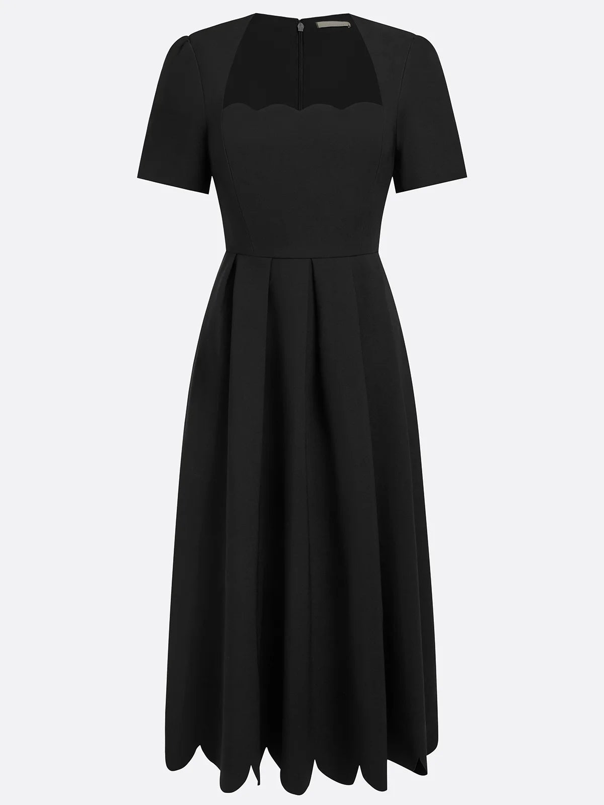 Elegant Black Midi Dress for Women with Scalloped Sweetheart Neck Short Sleeve Fit and Flare Cocktail Style