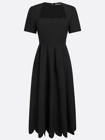 Elegant Black Midi Dress for Women with Scalloped Sweetheart Neck Short Sleeve Fit and Flare Cocktail Style