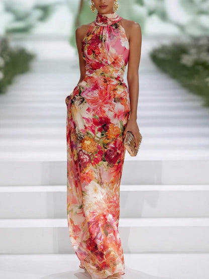 Elegant Red Floral Maxi Dress for Women with Halter Neck Sleeveless Ruched Wedding Guest Style