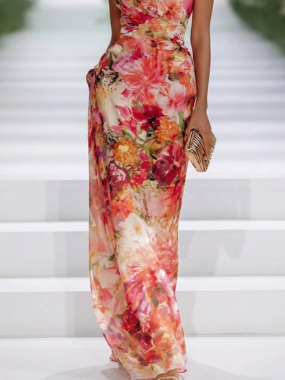 Elegant Red Floral Maxi Dress for Women with Halter Neck Sleeveless Ruched Wedding Guest Style