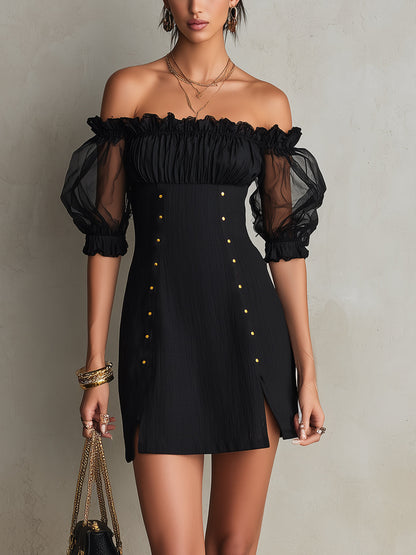 Elegant Black Mini Dress for Women with Off Shoulder Puff Sleeve Ruched Bodycon Cocktail Style