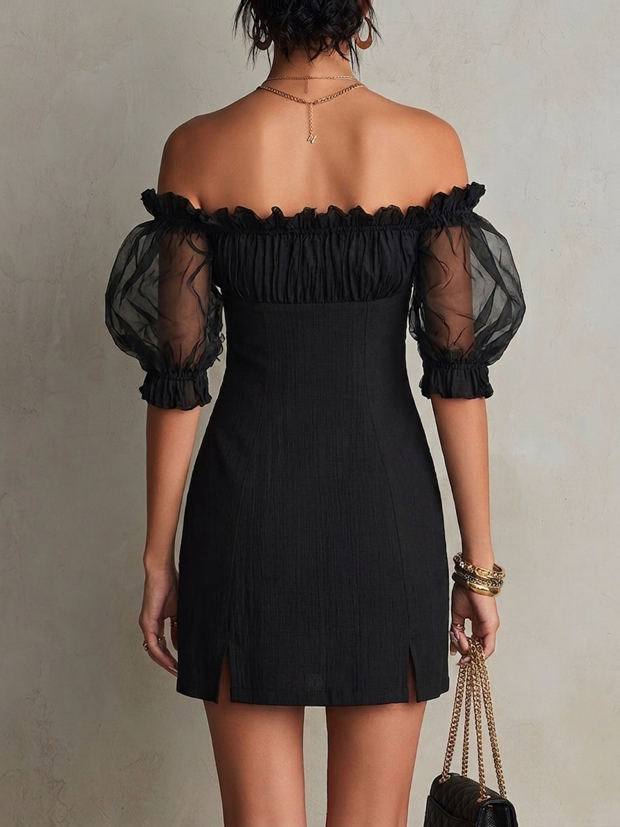 Elegant Black Mini Dress for Women with Off Shoulder Puff Sleeve Ruched Bodycon Cocktail Style