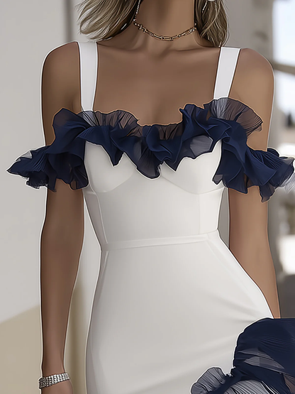Elegant White Mini Dress for Women with Off Shoulder Contrast Ruffle Bodycon Cocktail Style