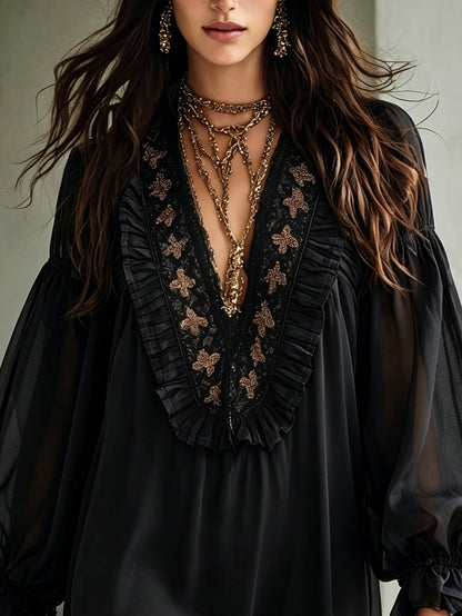 Elegant Black Chiffon Mini Dress for Women with Deep V Neck Balloon Sleeve Ruffle Boho Style