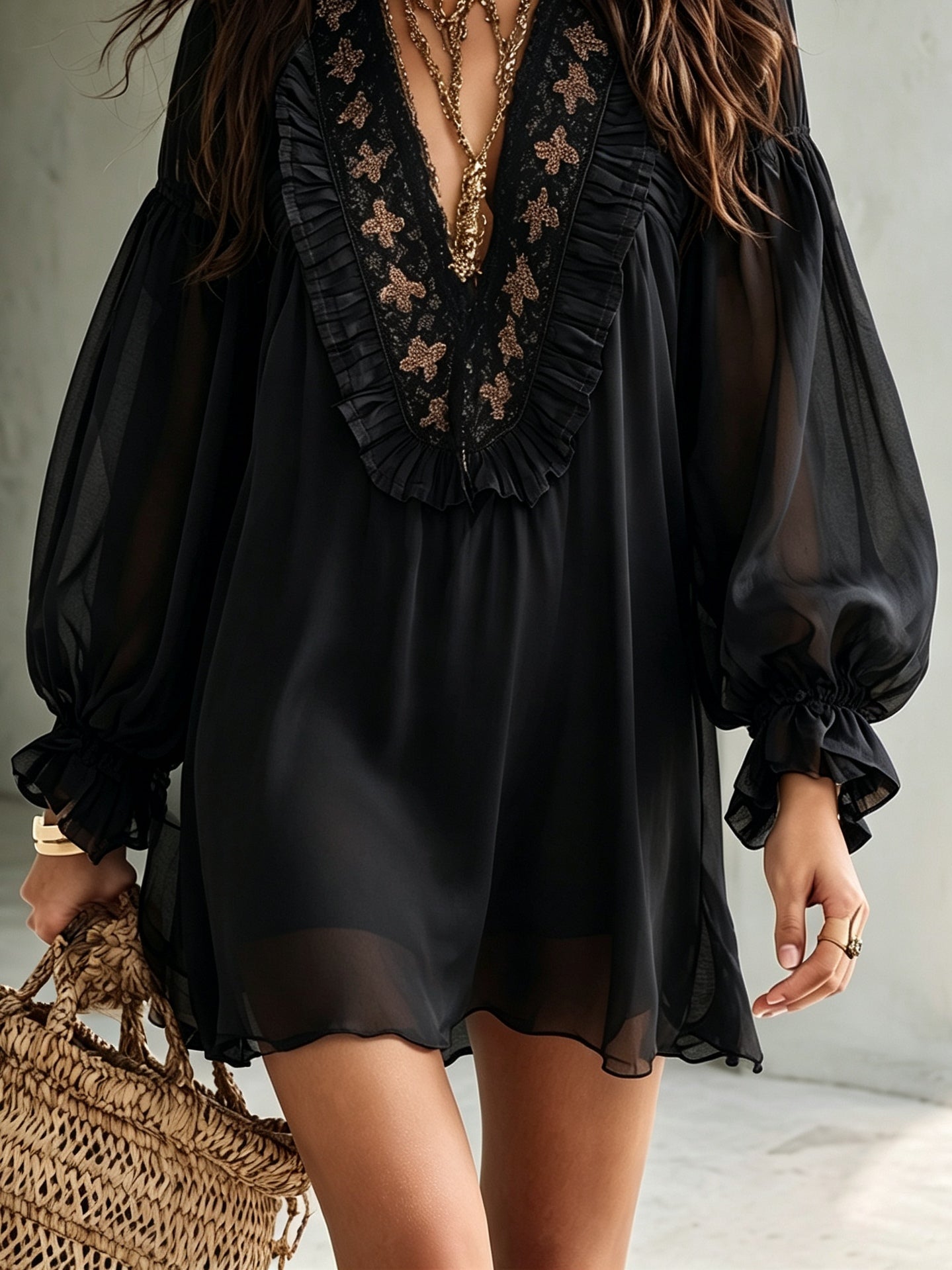 Elegant Black Chiffon Mini Dress for Women with Deep V Neck Balloon Sleeve Ruffle Boho Style