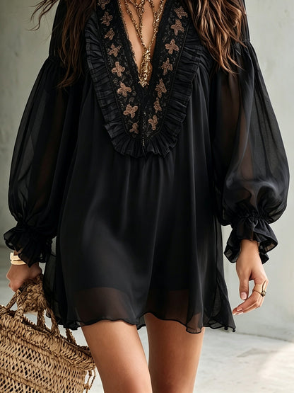 Elegant Black Chiffon Mini Dress for Women with Deep V Neck Balloon Sleeve Ruffle Boho Style