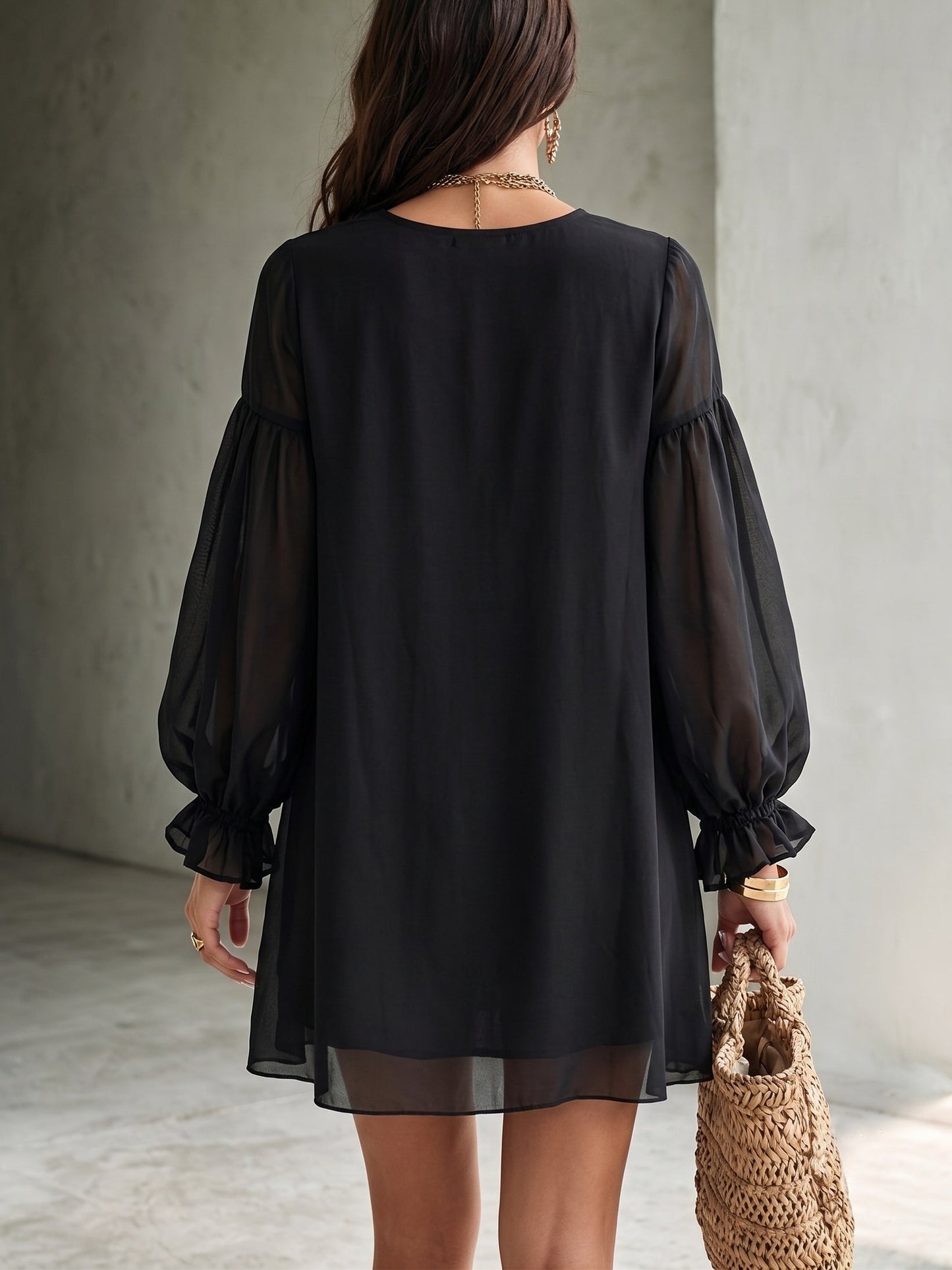 Elegant Black Chiffon Mini Dress for Women with Deep V Neck Balloon Sleeve Ruffle Boho Style