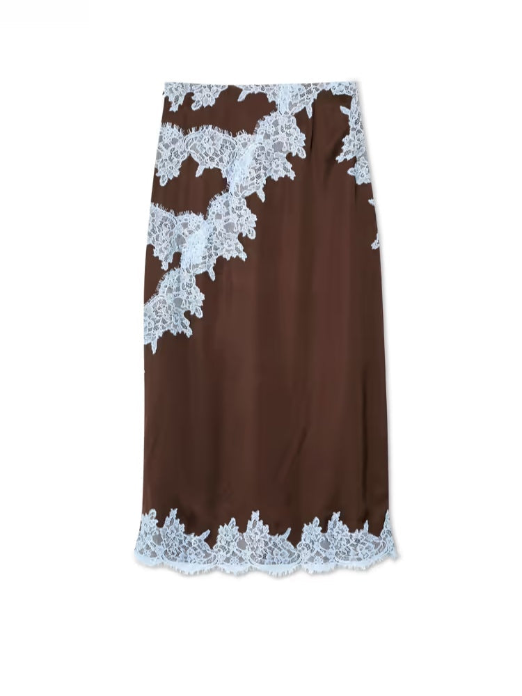 Elegant Brown Satin Two Piece Set for Women with Halter Neck Lace Trim Maxi Skirt Formal Wedding Guest Style