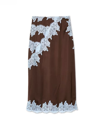 Elegant Brown Satin Two Piece Set for Women with Halter Neck Lace Trim Maxi Skirt Formal Wedding Guest Style