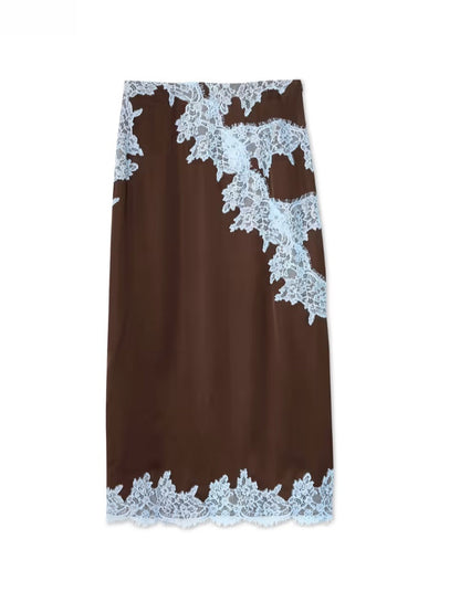 Elegant Brown Satin Two Piece Set for Women with Halter Neck Lace Trim Maxi Skirt Formal Wedding Guest Style