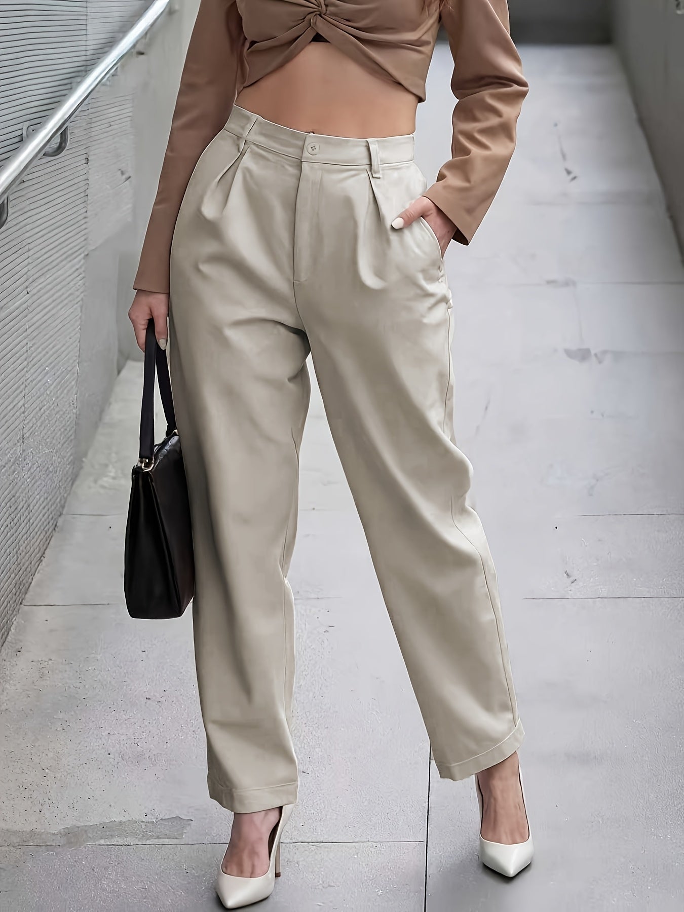 Elegant Faux Leather Trousers for Women with High Waist Pleated Tapered Barrel Leg Style