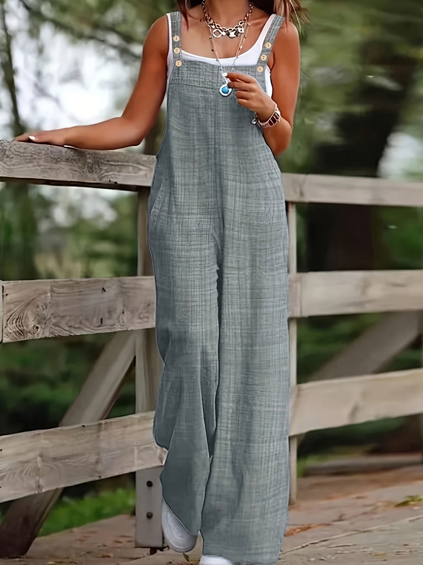 Effortless Linen Wide Leg Jumpsuit for Women with Square Neck Button Strap Relaxed Casual Style