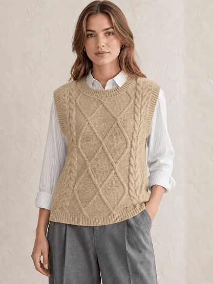 Comfortable Cable Sweater Vest for Women with Crew Neck Sleeveless Relaxed Oversized Knit Style