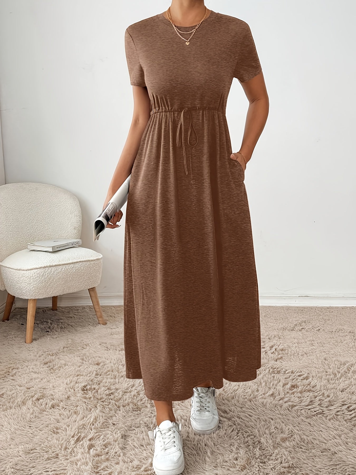 Effortless Drawstring Maxi Dress for Women with Round Neck Short Sleeve Cinched Waist Flowing Casual Style