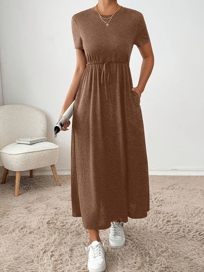 Effortless Drawstring Maxi Dress for Women with Round Neck Short Sleeve Cinched Waist Flowing Casual Style