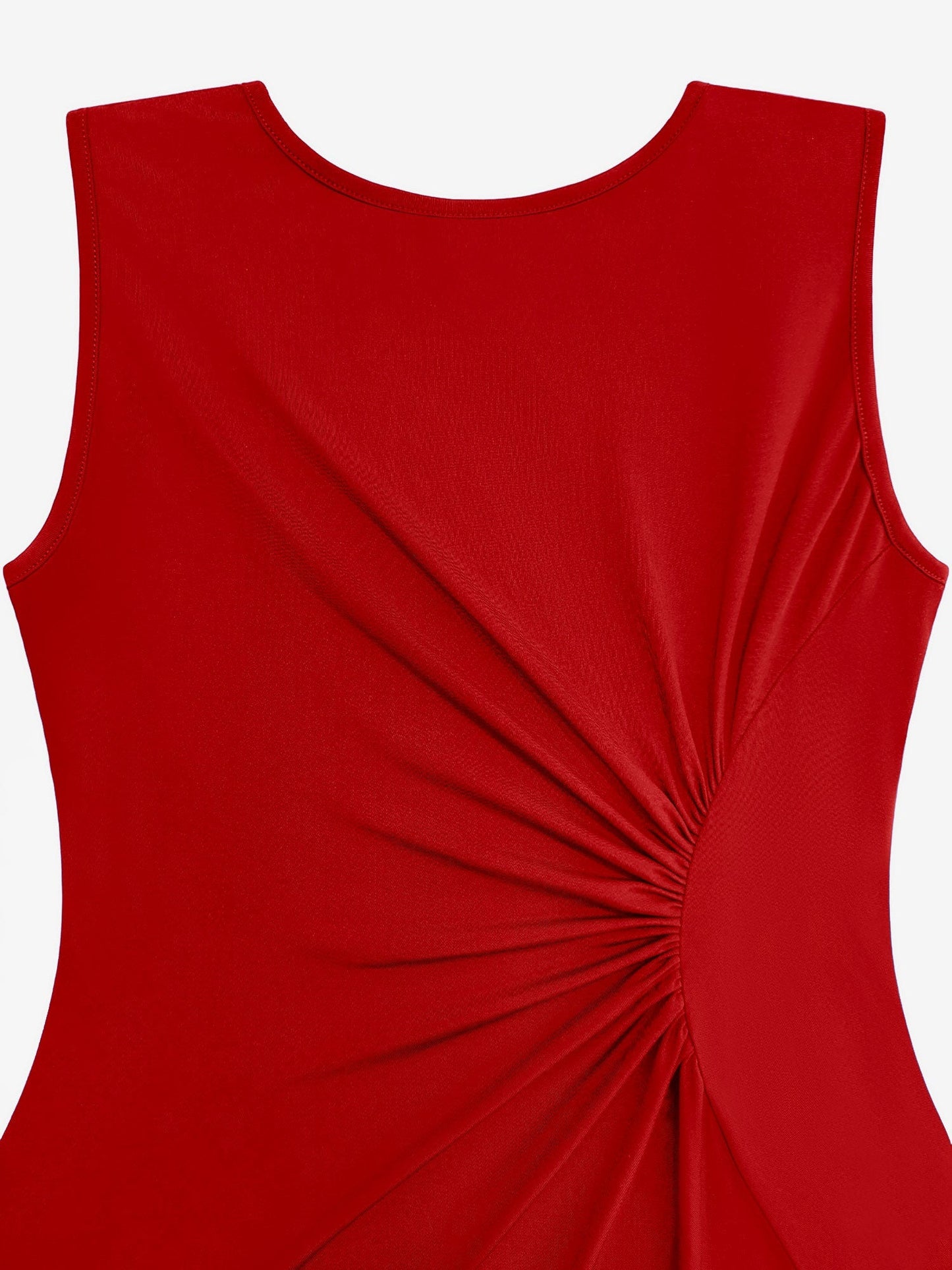 Elegant Red Midi Dress for Women with Crew Neck Sleeveless Twist Waist High Low Hem