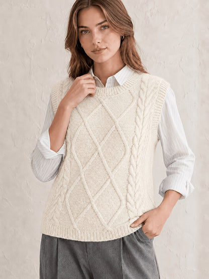 Comfortable Cable Sweater Vest for Women with Crew Neck Sleeveless Relaxed Oversized Knit Style