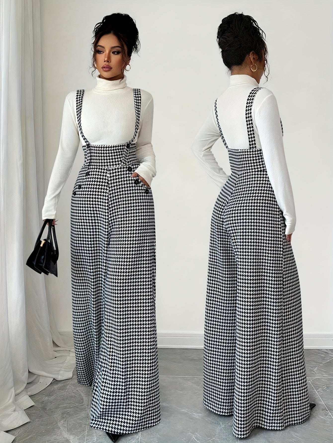 Elegant Houndstooth Wide Leg Overalls for Women with Square Neck Sleeveless High Waist Button Front Relaxed Style