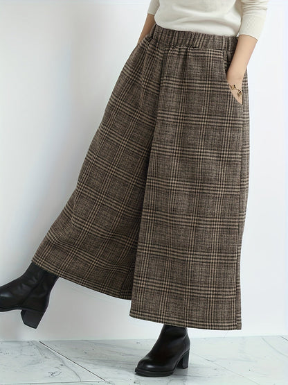 Effortless Plaid Wide Leg Pants for Women with High Waist Pocket Cropped Flowing Casual Style