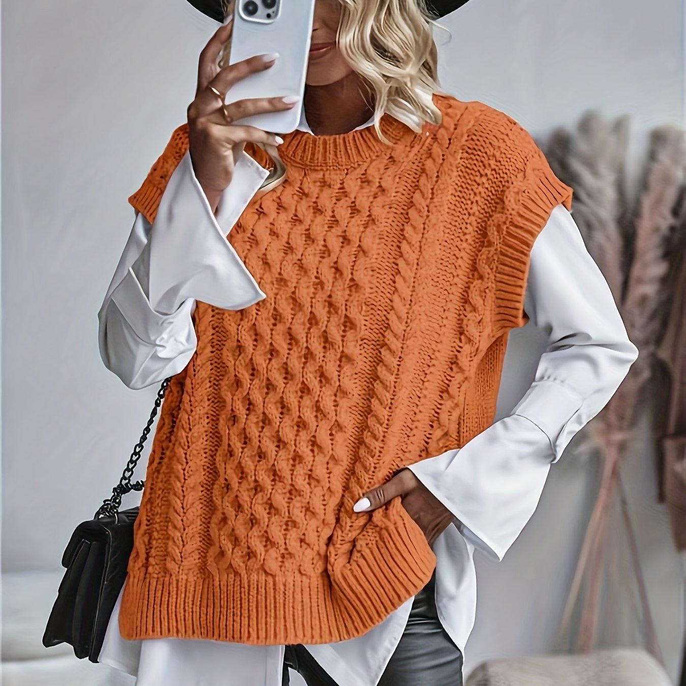 Comfortable Cable Knit Sweater Vest for Women with Crew Neck Sleeveless Oversized Relaxed Knit Style