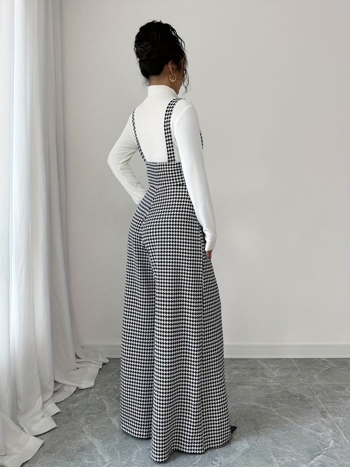 Elegant Houndstooth Wide Leg Overalls for Women with Square Neck Sleeveless High Waist Button Front Relaxed Style