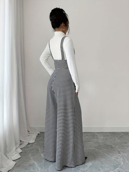 Elegant Houndstooth Wide Leg Overalls for Women with Square Neck Sleeveless High Waist Button Front Relaxed Style