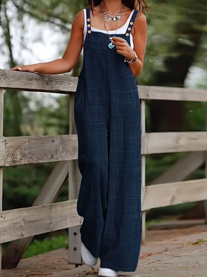 Effortless Linen Wide Leg Jumpsuit for Women with Square Neck Button Strap Relaxed Casual Style