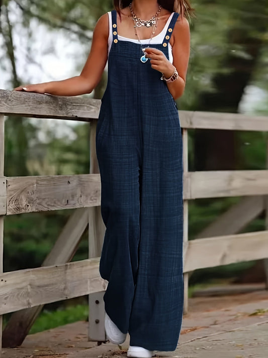 Effortless Linen Wide Leg Jumpsuit for Women with Square Neck Button Strap Relaxed Casual Style