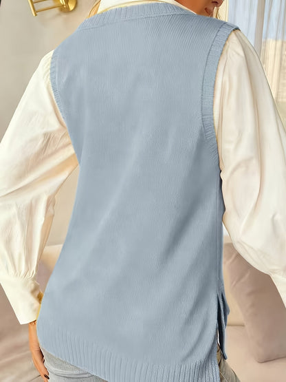 Comfortable Ribbed Knit Sweater Vest for Women with V Neck Sleeveless Relaxed Side Slit Casual Style
