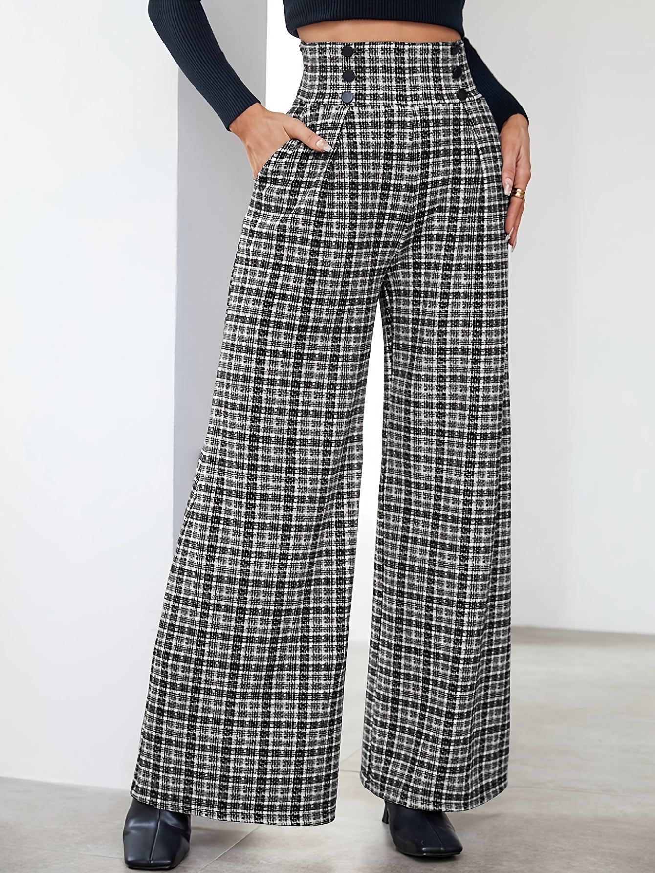 Elegant Multicolor Plaid Wide Leg Pants for Women with High Waist Button Front Pleated Casual Style