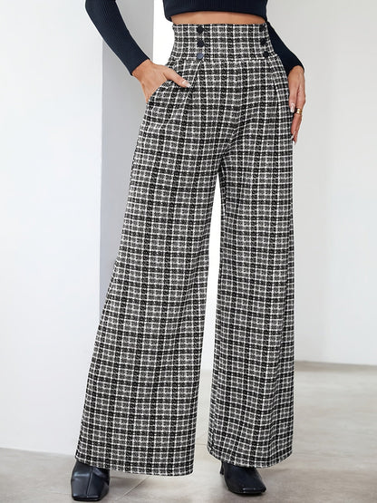 Elegant Multicolor Plaid Wide Leg Pants for Women with High Waist Button Front Pleated Casual Style