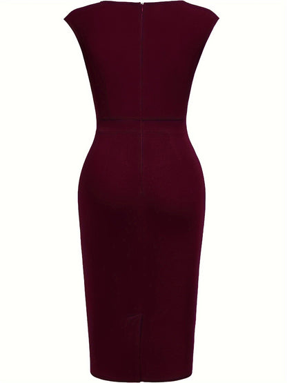 Elegant Sheath Midi Dress for Women with Sweetheart Neck Cap Sleeve Ruched Bodycon Style