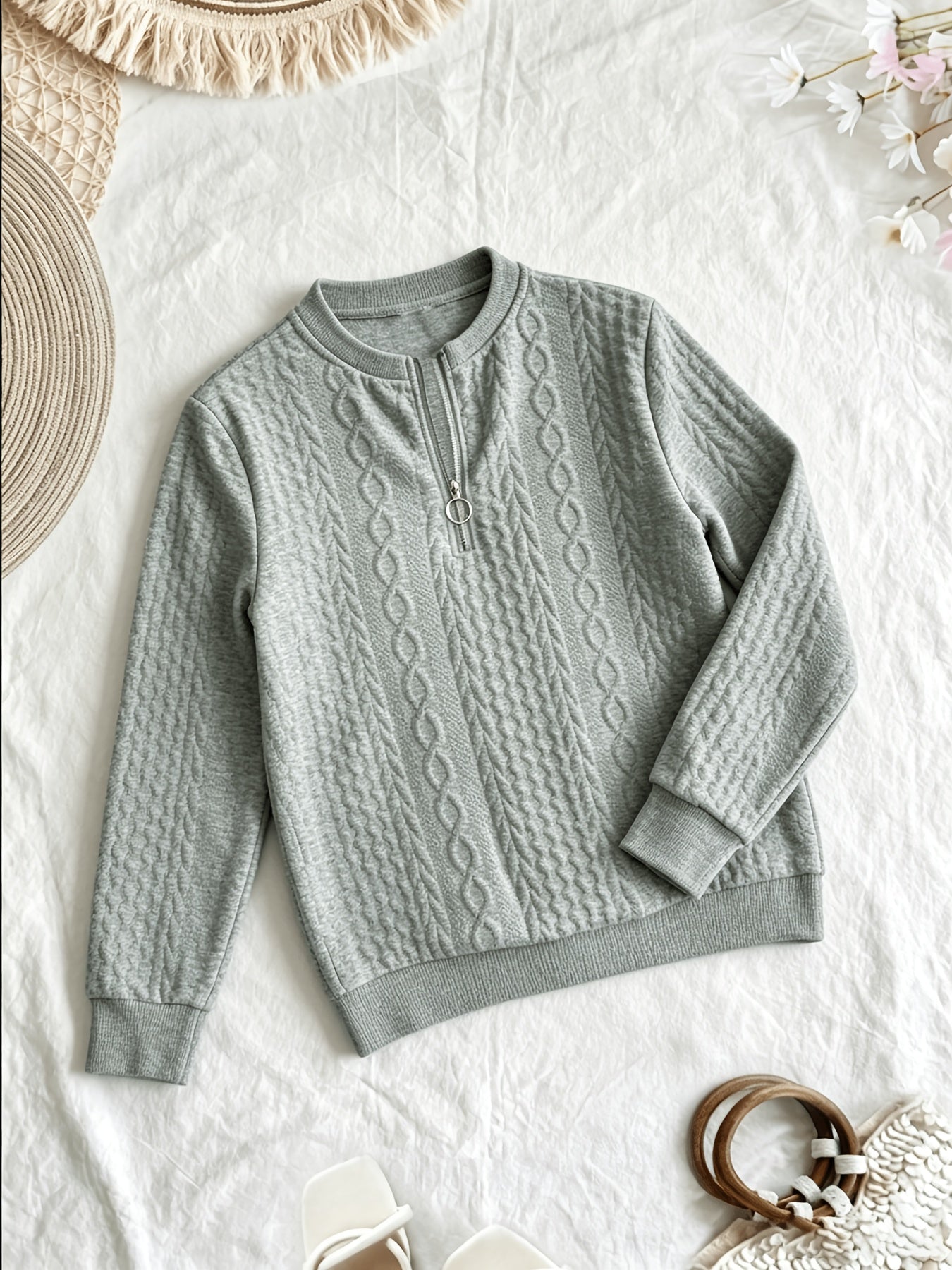 Comfortable Cable Knit Sweater for Women with Mock Neck Long Sleeve Quarter Zip Relaxed Oversized Style