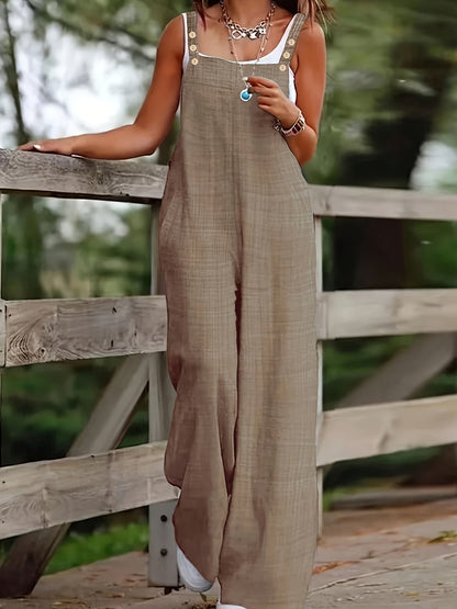 Effortless Linen Wide Leg Jumpsuit for Women with Square Neck Button Strap Relaxed Casual Style