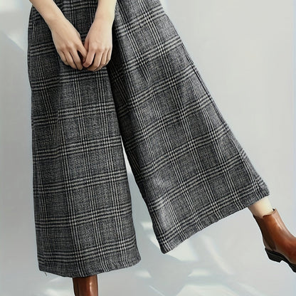 Effortless Plaid Wide Leg Pants for Women with High Waist Pocket Cropped Flowing Casual Style