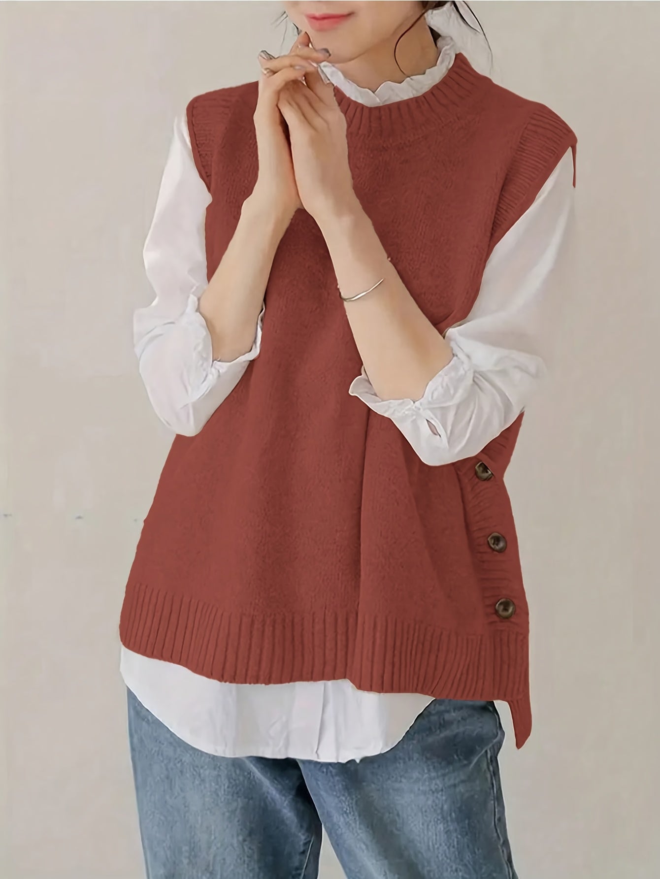 Comfortable Sweater Vest for Women with Mock Neck Sleeveless Side Button Relaxed Oversized Knit Style