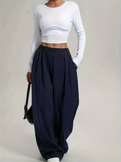 Effortless Navy Pinstripe Wide Leg Pants for Women with High Waist Pleated Relaxed Tailored Style