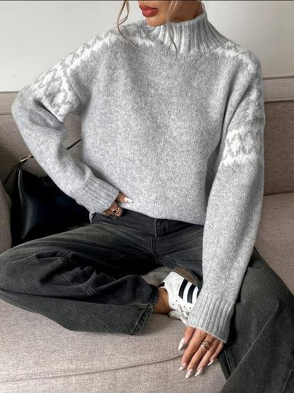 Comfortable Grey Houndstooth Sweater for Women with Mock Neck Long Sleeve Oversized Ribbed Knit Style