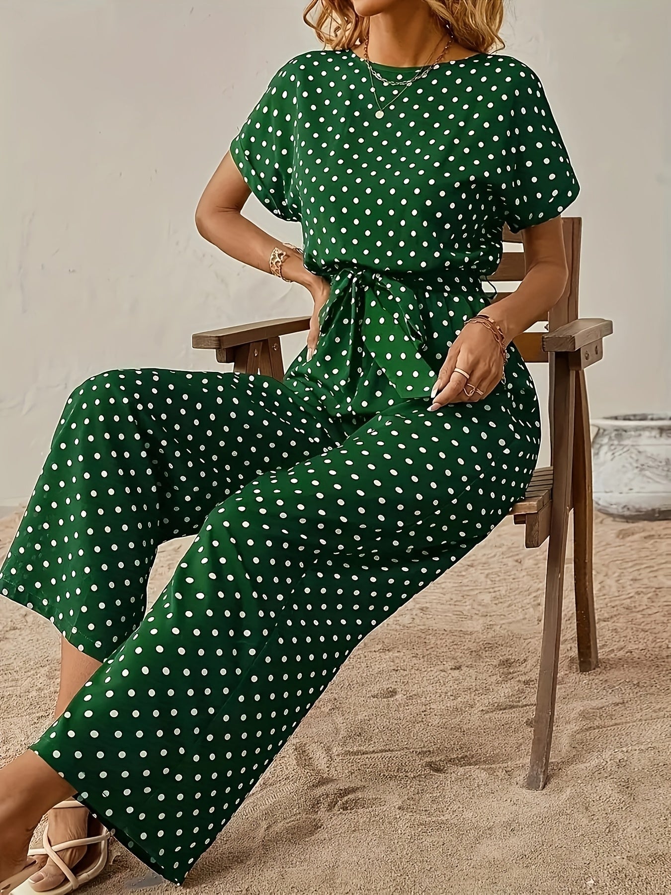 Effortless Polka Dot Jumpsuit for Women with Boat Neck Short Sleeve Tied Waist Wide Leg Style
