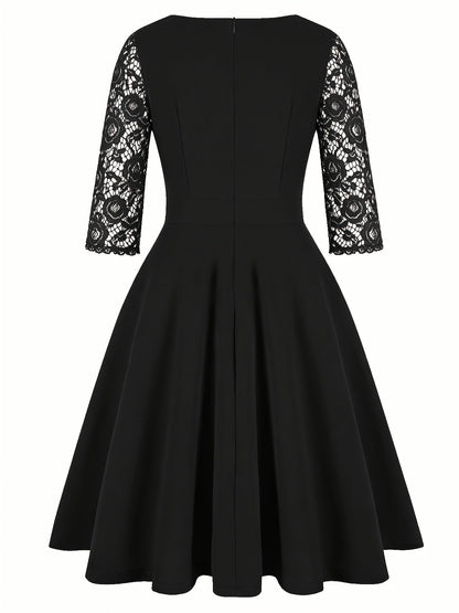 Elegant Lace Midi Dress for Women with Square Neck Three Quarter Sleeve Fit and Flare Cocktail Style
