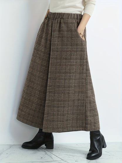 Effortless Plaid Wide Leg Pants for Women with High Waist Pocket Cropped Flowing Casual Style