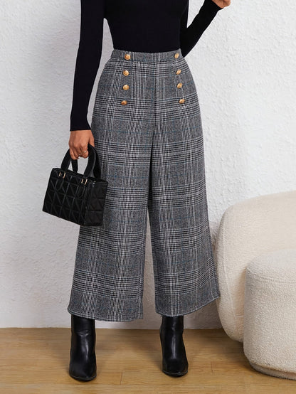 Elegant Grey Houndstooth Wide Leg Pants for Women with High Waist Button Front Tailored Style