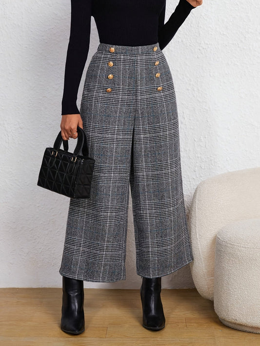 Elegant Grey Houndstooth Wide Leg Pants for Women with High Waist Button Front Tailored Style