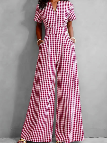 Effortless Gingham Wide Leg Jumpsuit for Women with V Neck Short Sleeve Pleated Pocket Casual Style
