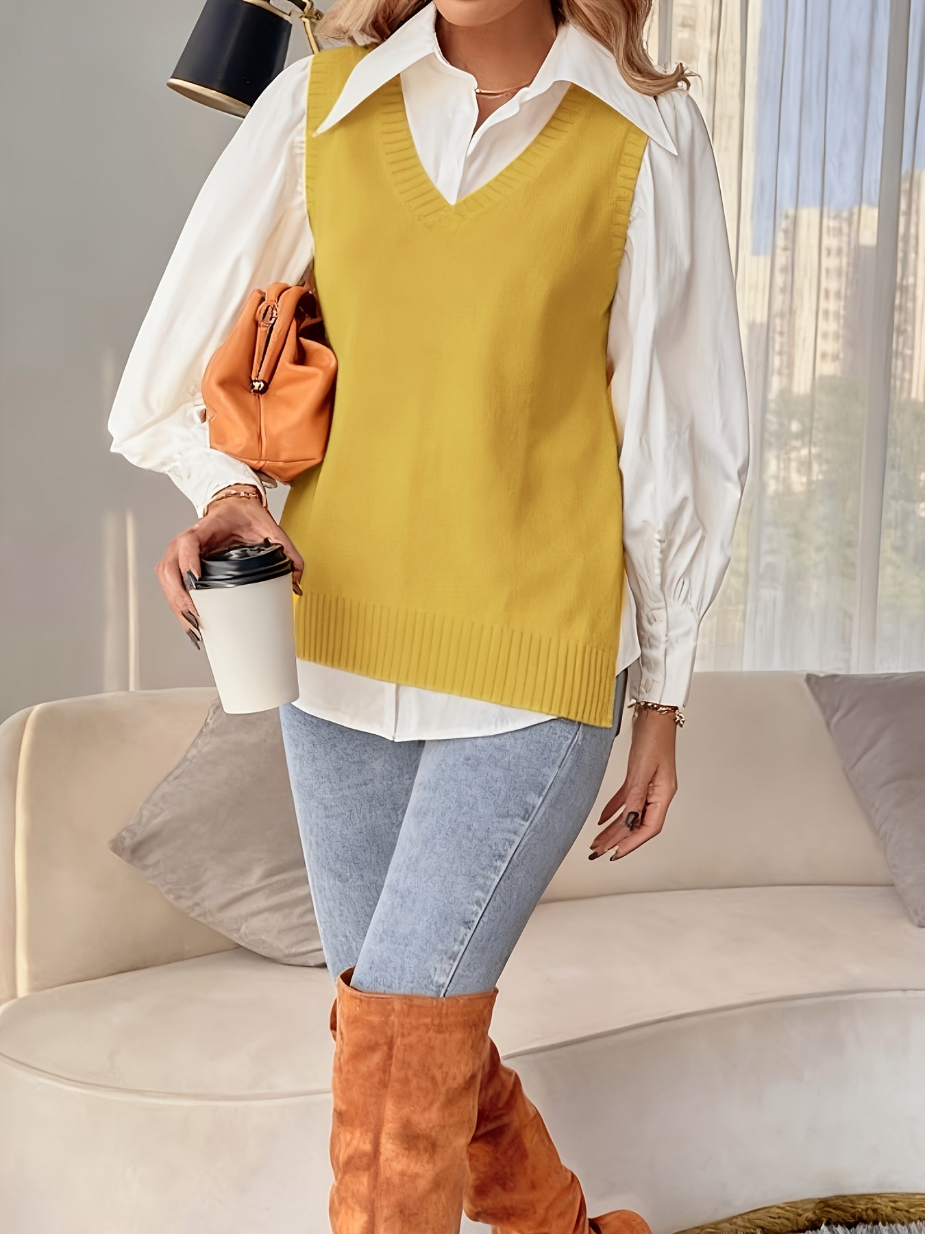Comfortable Ribbed Knit Sweater Vest for Women with V Neck Sleeveless Relaxed Side Slit Casual Style