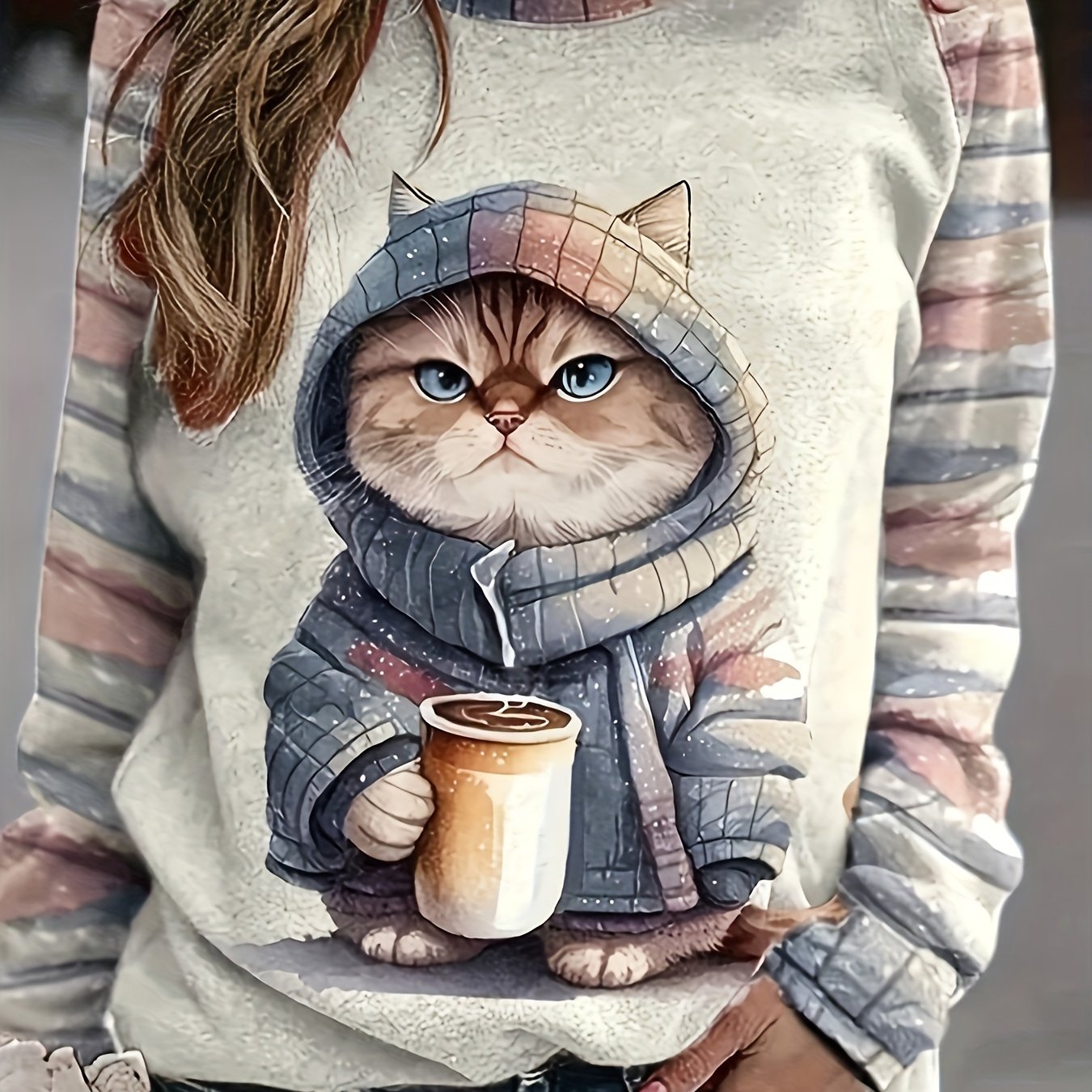 Comfortable Apricot Cat Print Sweatshirt for Women with Crew Neck Long Sleeve Striped Raglan Relaxed Style