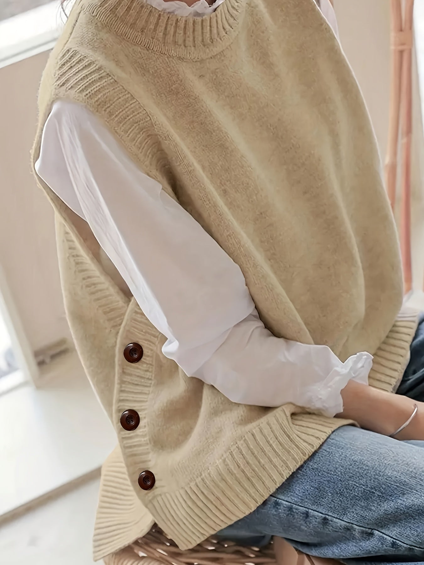 Comfortable Sweater Vest for Women with Mock Neck Sleeveless Side Button Relaxed Oversized Knit Style
