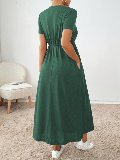 Effortless Drawstring Maxi Dress for Women with Round Neck Short Sleeve Cinched Waist Flowing Casual Style